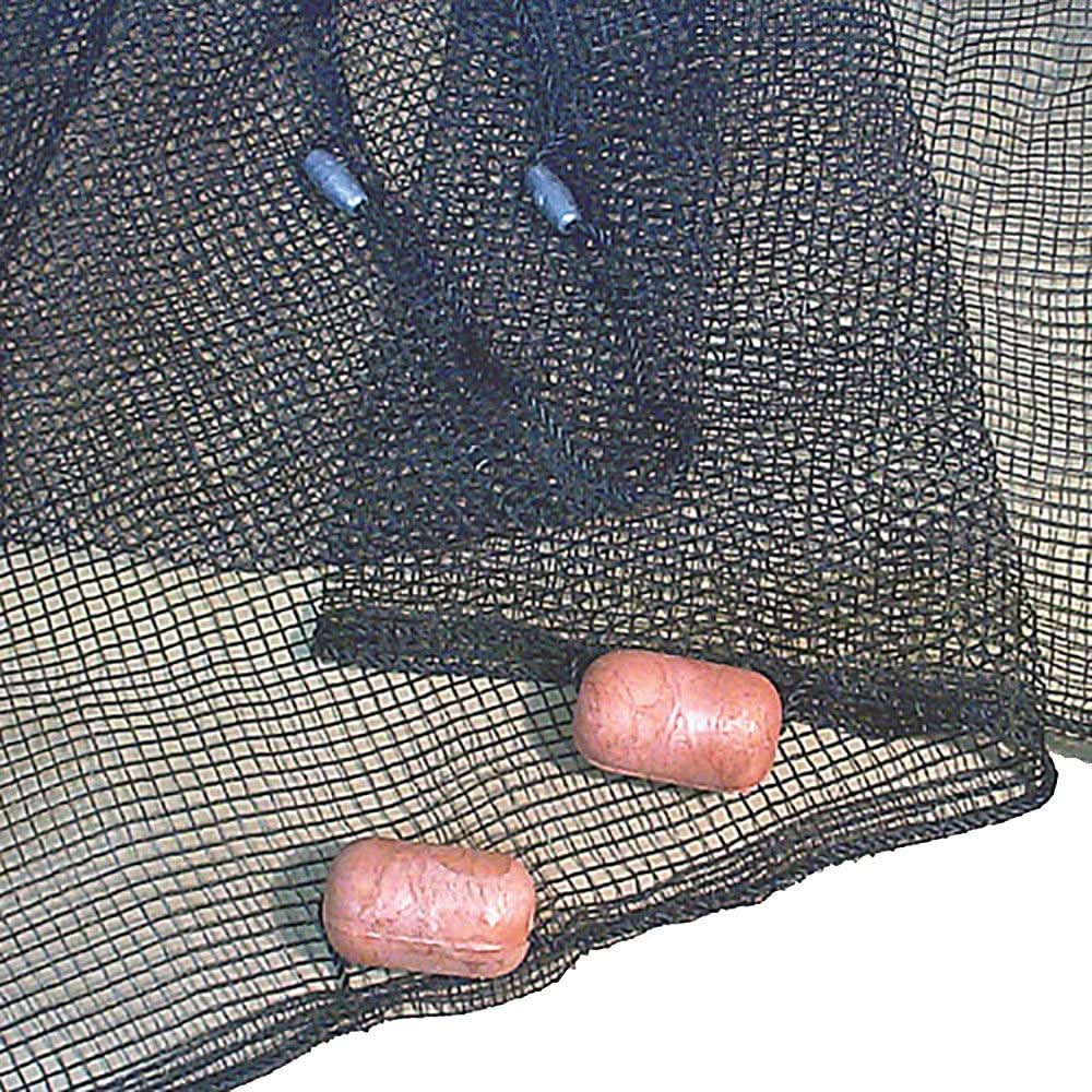 Close-up of Frabill Seine Net 4x8 mesh with floats and weights in camo black color for fishing use