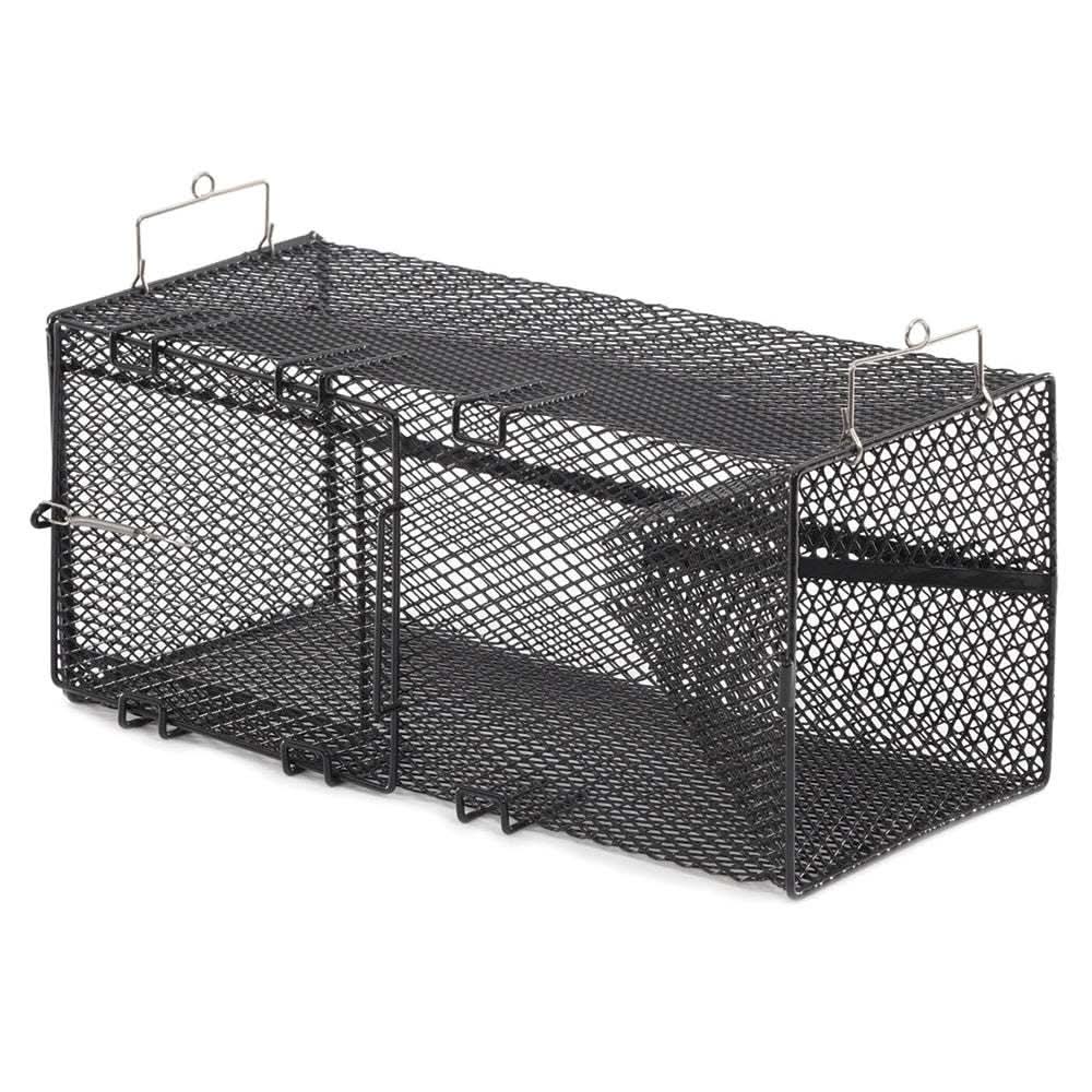 Black Pinfish Rectangular Trap 18x12x8 inch heavy-duty steel mesh fishing trap with camouflage design and easy access door
