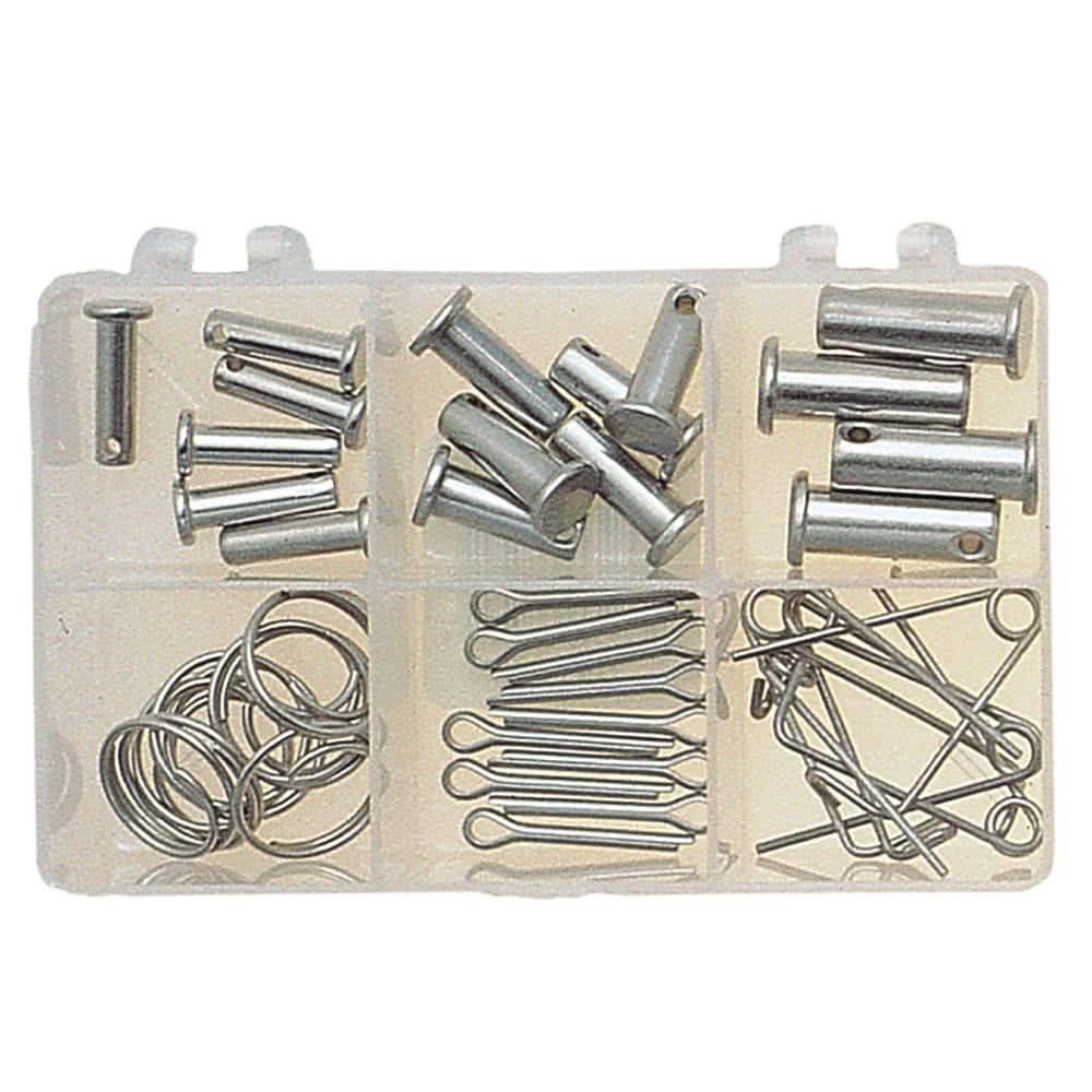 C Sherman Johnson Small Boat Kit with assorted clevis pins, cotter pins, circular pins, and safety pins in plastic organizer box