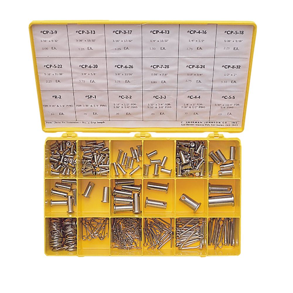 C. Sherman Johnson Cotter Ring and Clevis Pin Parts Kit with assorted pins in yellow organizer box