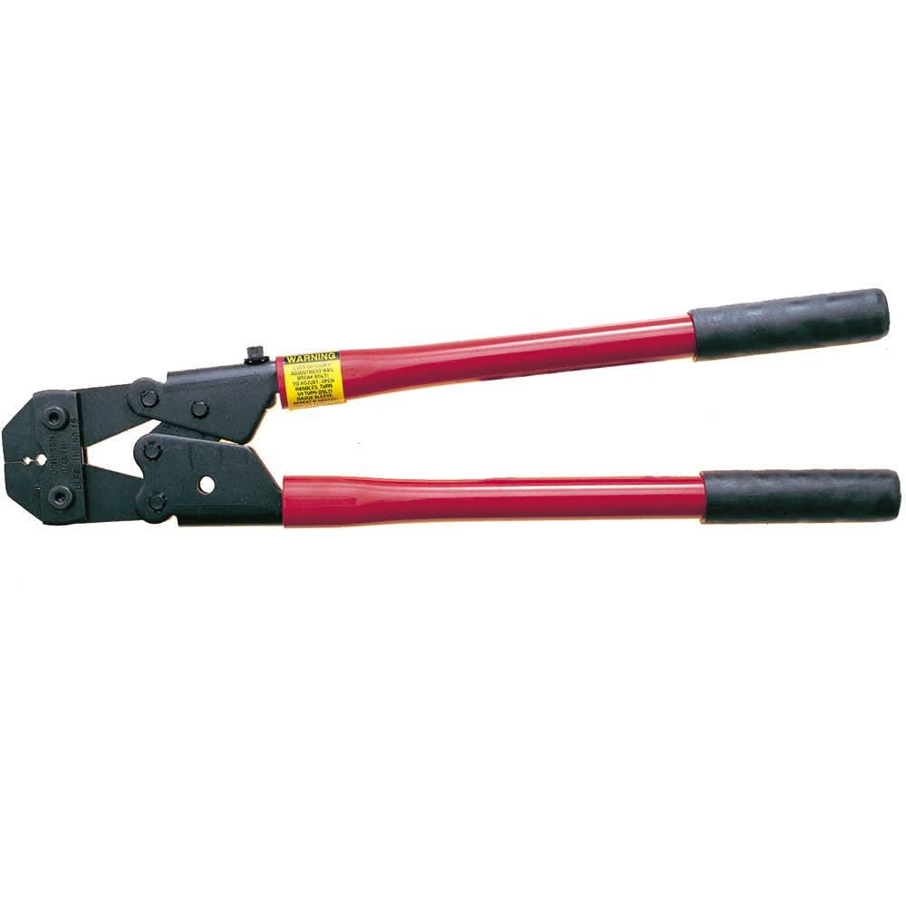 C. Sherman Johnson lever arm crimper tool with red handles for 1/8" and 3/16" hand crimp fittings