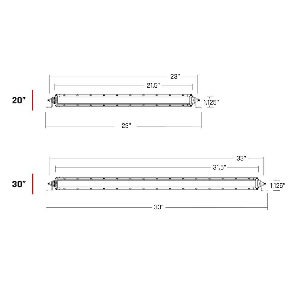 Diagram showing dimensions of Rigid Industries SAE Compliant SR-SRS 20 and 30 inch light bars in black color