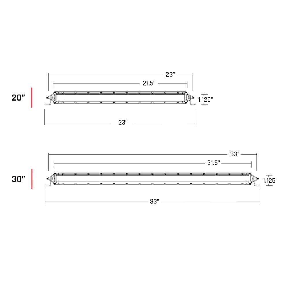 Diagram showing dimensions of Rigid Industries SAE Compliant SR-SRS 20 and 30 inch light bars in black color