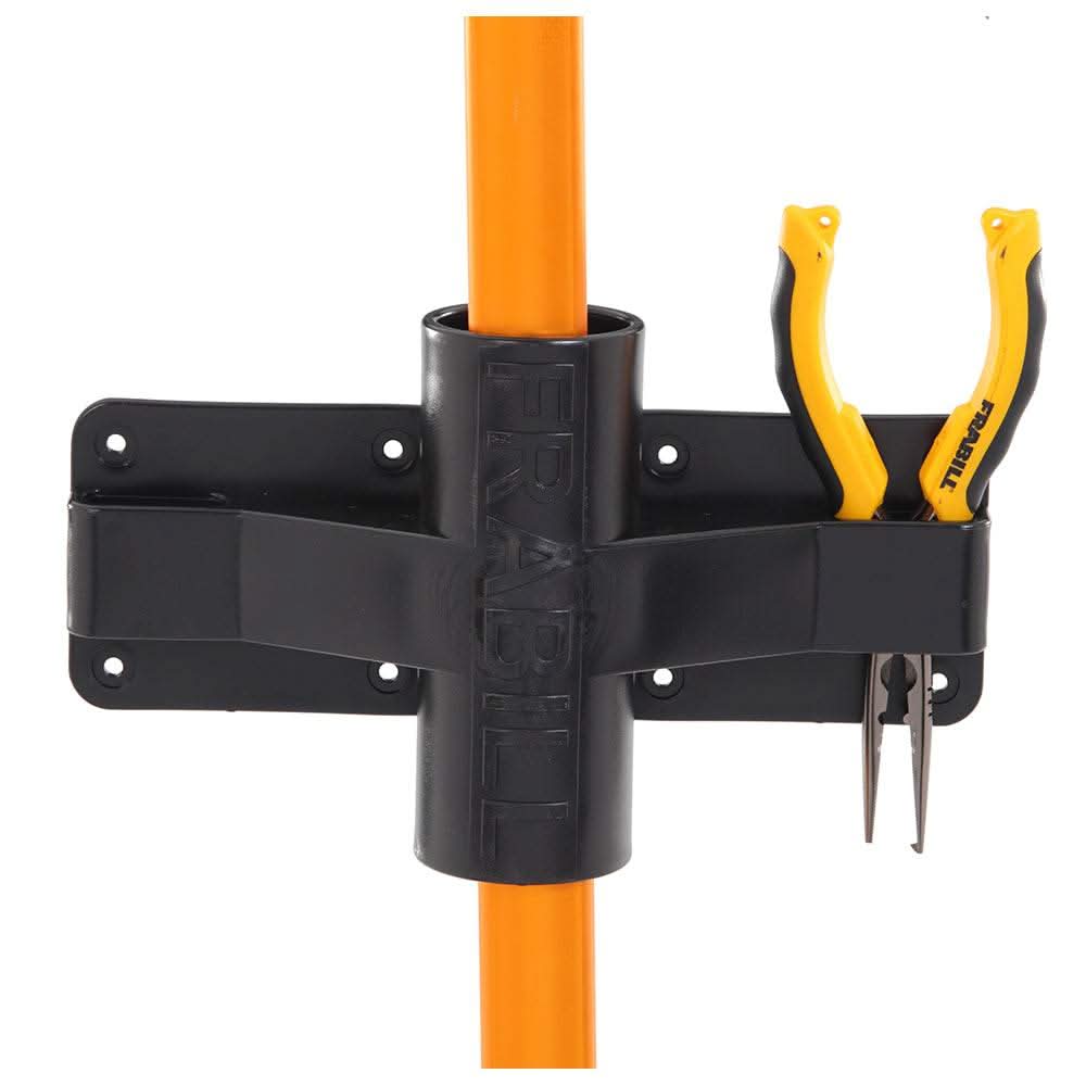 Frabill black net gaff holder mounted with orange pole and yellow pliers tool holder