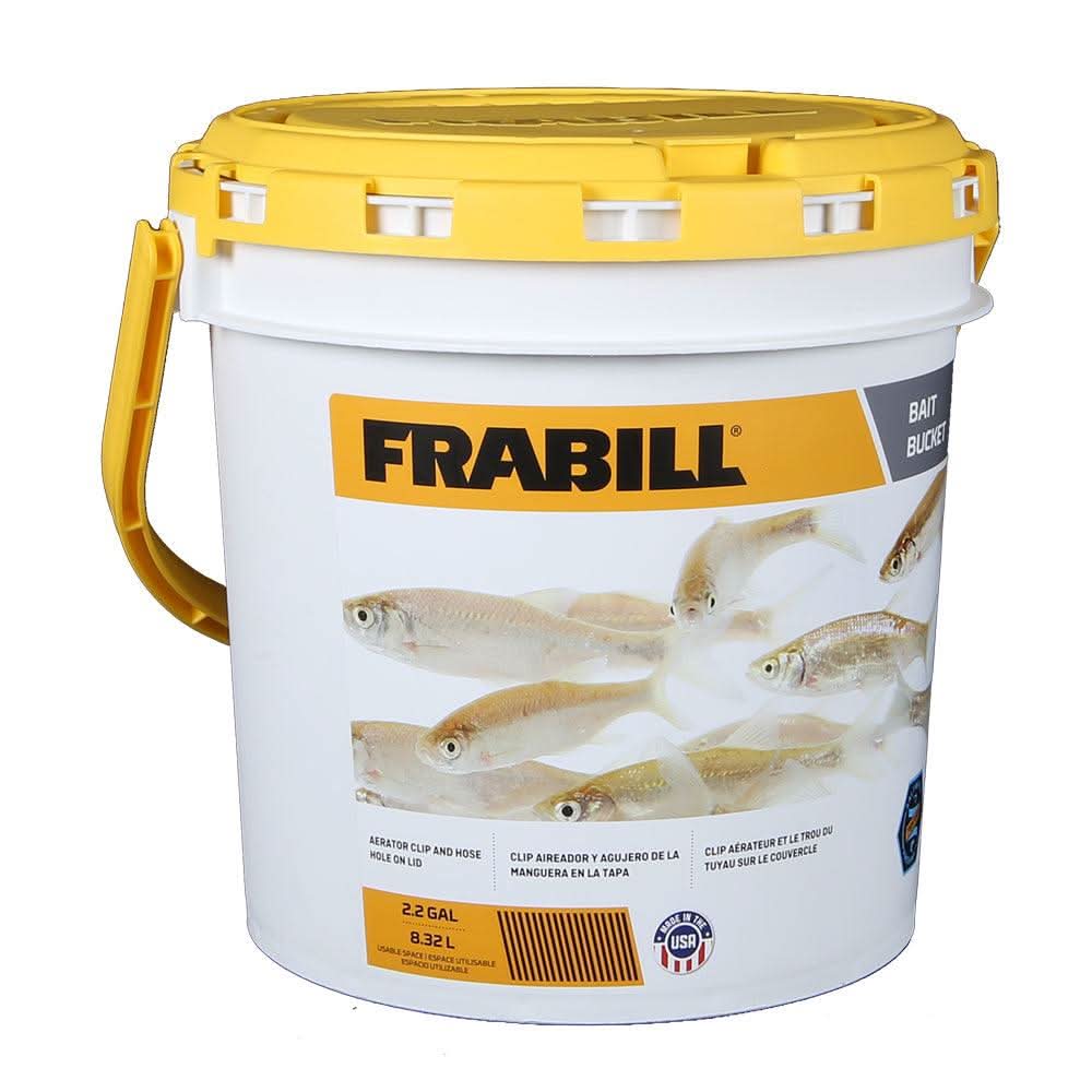 Frabill Bait Bucket with 2.2 gallon capacity, yellow lid, and sturdy handle for live bait storage and aerator attachment