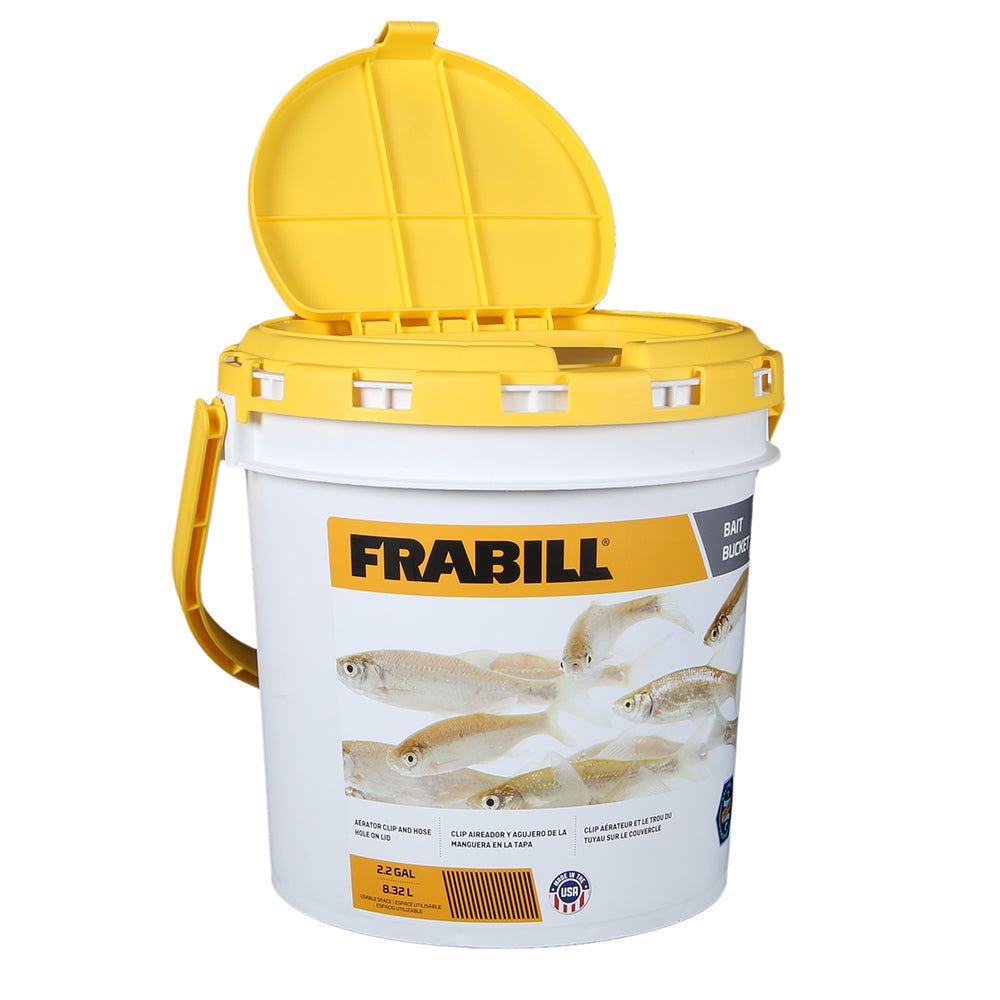 Frabill Bait Bucket 2.2 gallon live bait container with yellow lid and handle