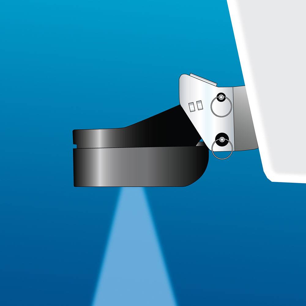 Airmar TM185C-HW high frequency wide beam CHIRP transom mount transducer on boat hull emitting sonar signal