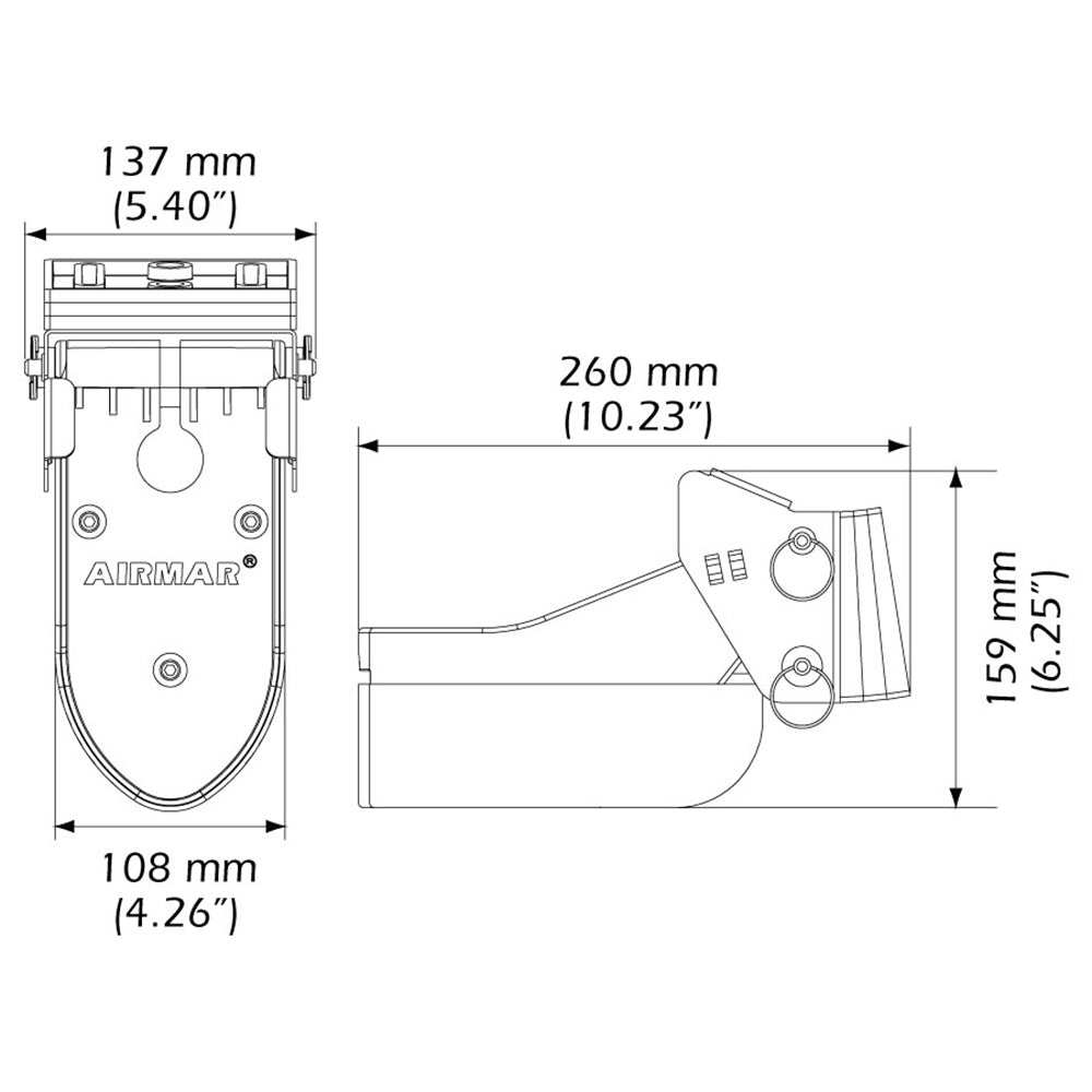 Airmar TM185C-HW high frequency wide beam CHIRP transom mount transducer with 14-pin for Humminbird, technical dimensions diagram