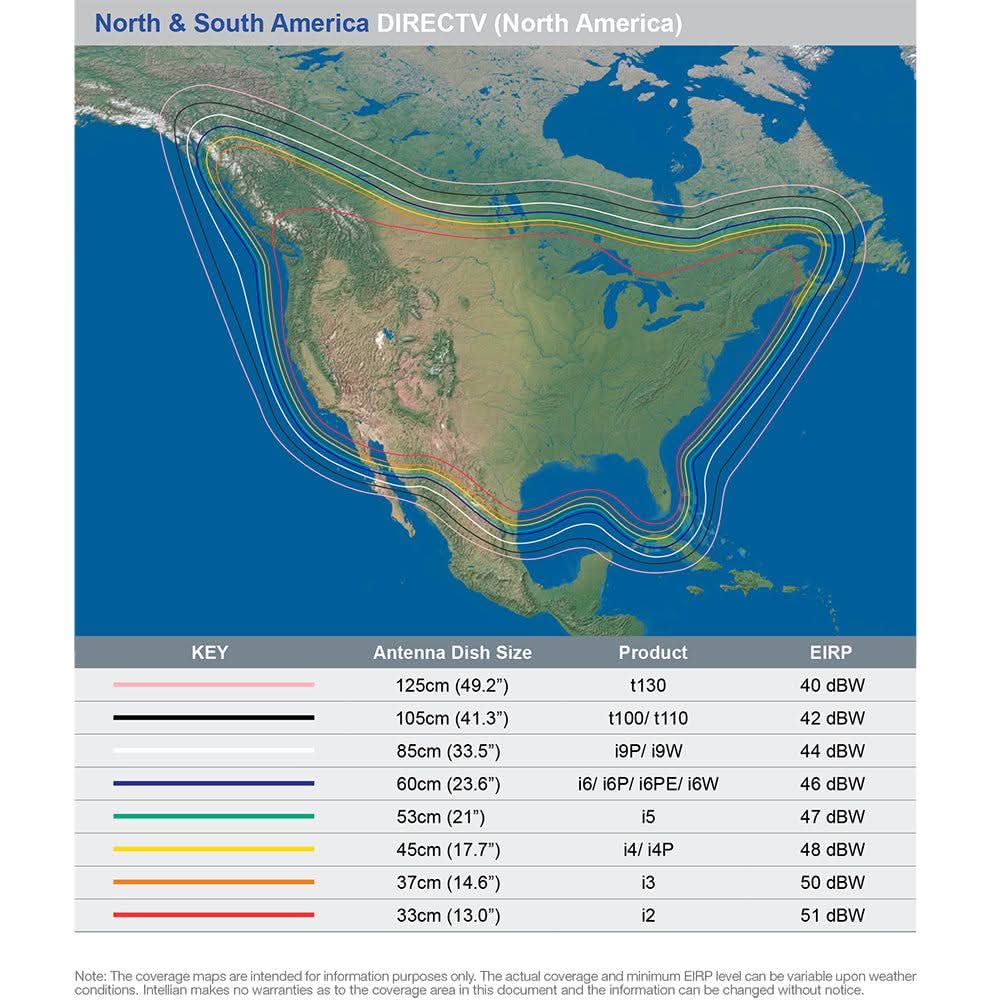 Coverage map for Intellian i3 US System 14.6 inch antenna with satellite signal footprints across North and South America
