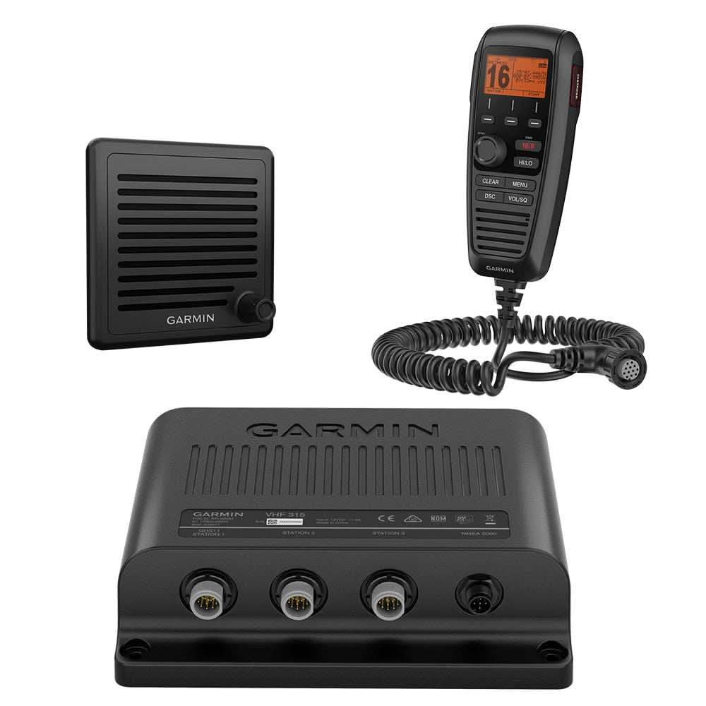 Garmin VHF 315 marine radio with GHS 11 handset, active speaker, and modular unit for marine communication