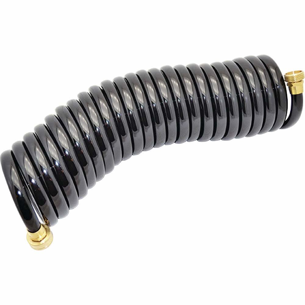 Johnson Pump Coiled Wash Down Hose 25 feet 1/2 inch diameter black with brass fittings