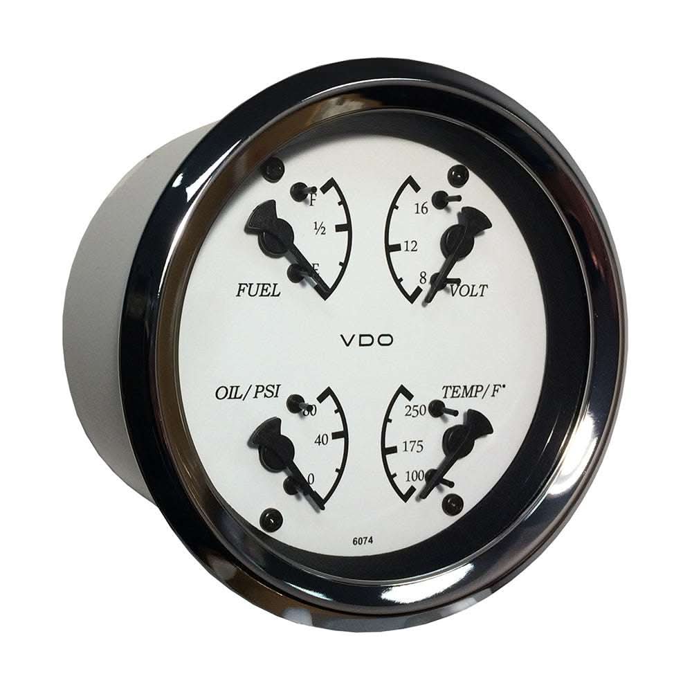 VDO Allentare 4 in 1 gauge with white dial, black pointers, chrome bezel showing oil pressure, water temperature, fuel level, and voltmeter readings