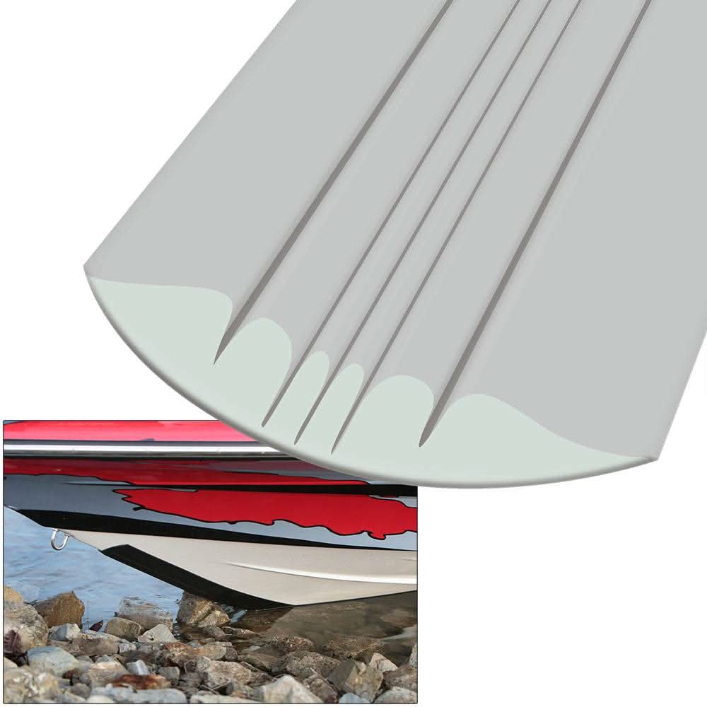 Megaware KeelGuard 8-foot light gray boat keel protector with hydrodynamic grooves and pressure-sensitive adhesive