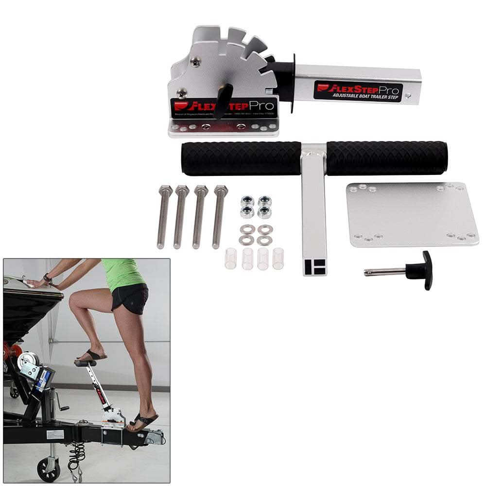 Adjustable Megaware FlexStep Pro Package aluminum trailer step system with mounting hardware for easy boat access