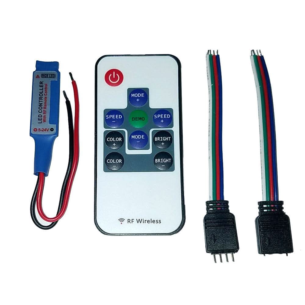 Multifunction Indoor RGB LED Controller with RF remote and connectors for 5-24V LED strip lights