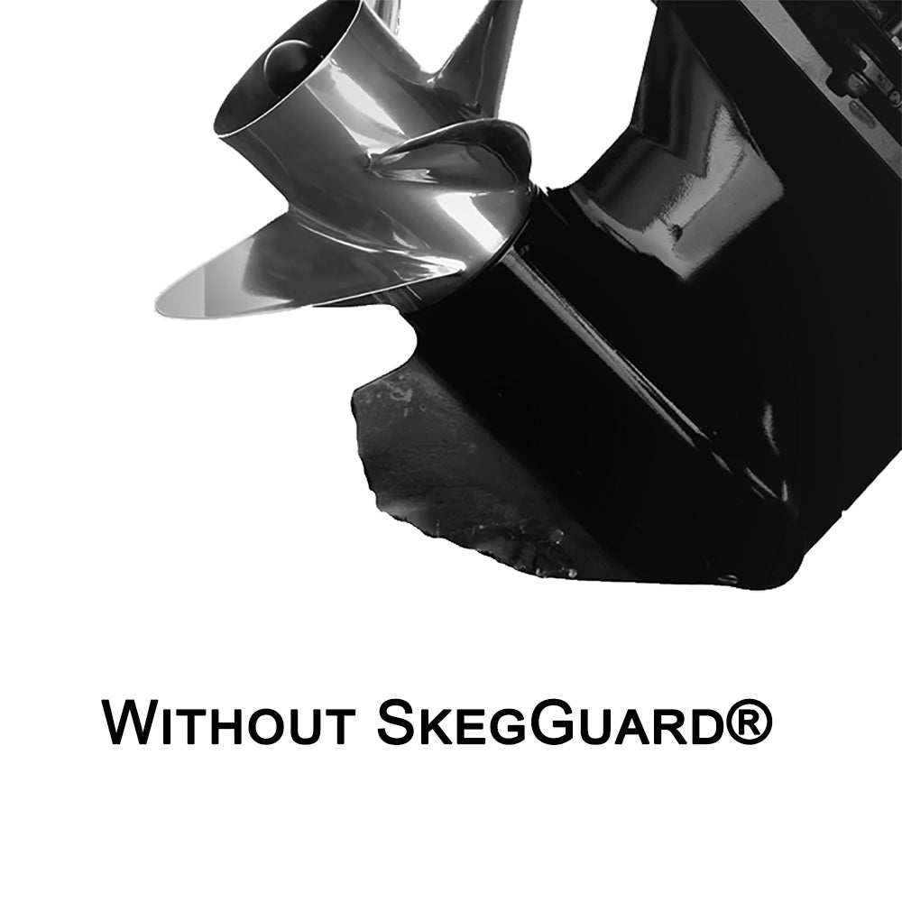 close-up of boat motor skeg without SkegGuard stainless steel protector showing damage
