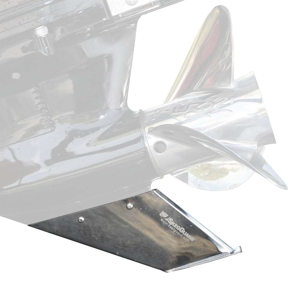Megaware SkegGuard stainless steel skeg protector installed on boat motor lower unit