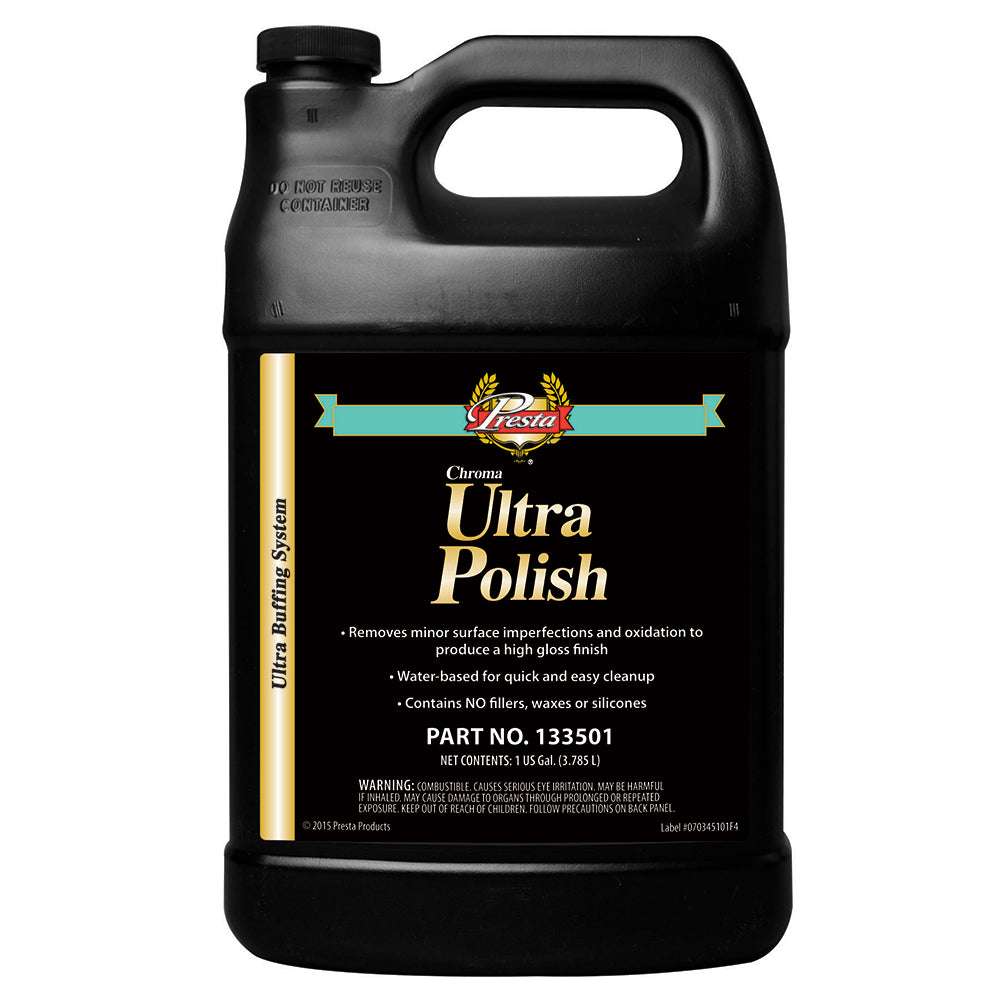 Presta Ultra Polish 1-gallon jug for removing surface imperfections and oxidation, water-based, no waxes, fillers, or silicones, high gloss finish