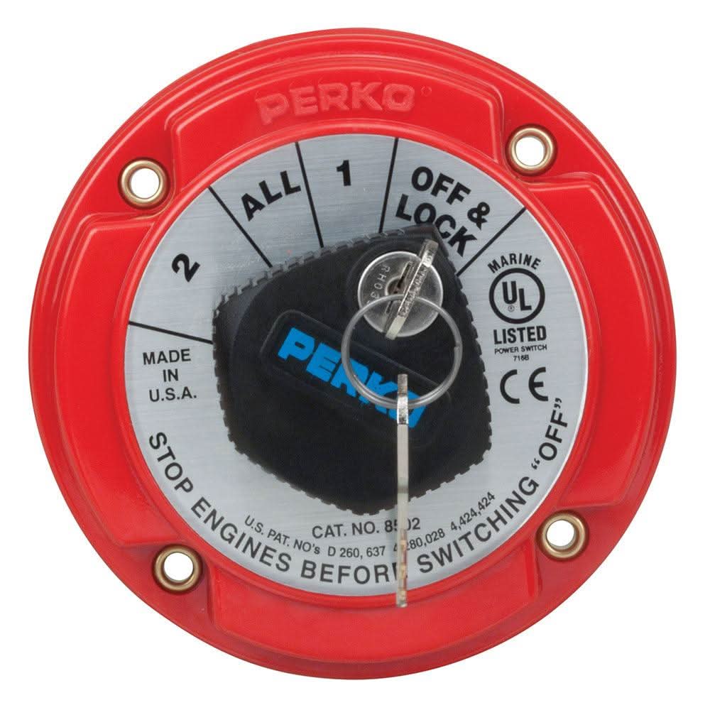 Perko Medium Duty Battery Selector Switch with key lock for marine use, red knob, 250 AMP capacity, ignition protected, 6-50 Volt systems