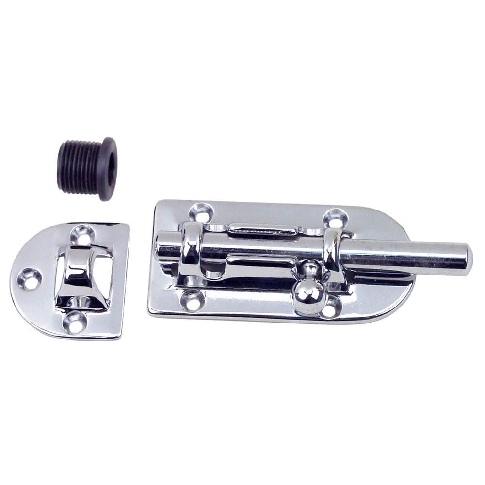 Perko Chrome Barrel Bolt 5 inch chrome plated bronze body with black nylon keeper and friction pad