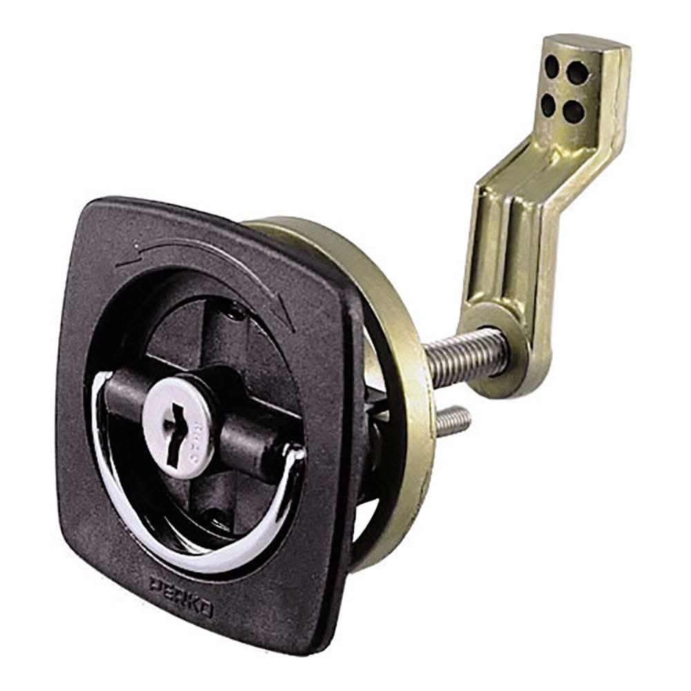 Perko Black Flush Lock 2.5x2.5 inch with offset cam bar and flexible polymer strike, black polymer and chrome plated zinc alloy, stainless steel stem.