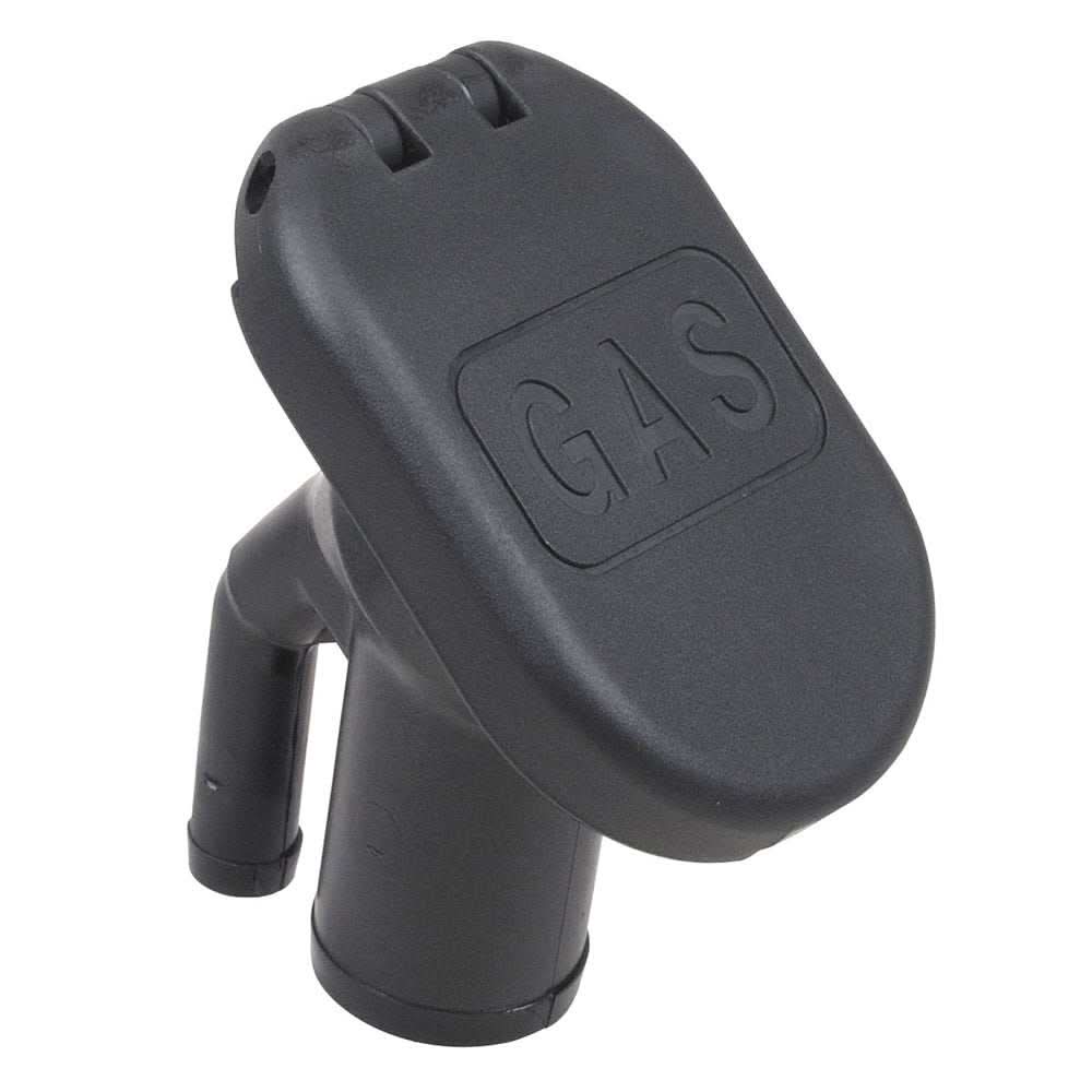 Combination vented gas fill tank with 35-degree angled neck and flip top cap for 1-1/2" hose in black polymer