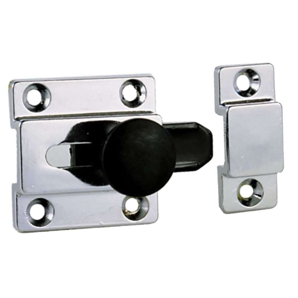 Perko cupboard bolt chrome plated zinc alloy with black polymer knob and slide 2-1/8 by 1-1/2 inches