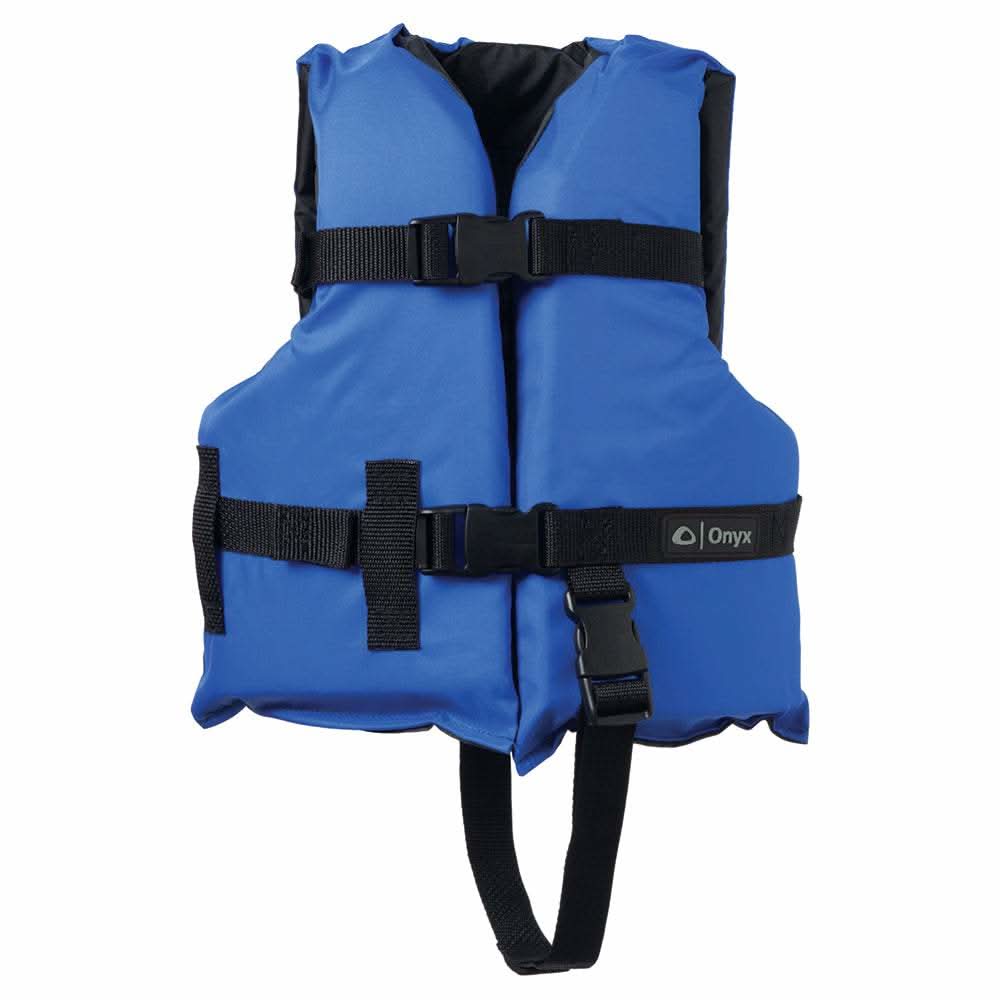 Onyx Nylon General Purpose Life Jacket for children 30-50 lbs in blue with adjustable belts and leg strap