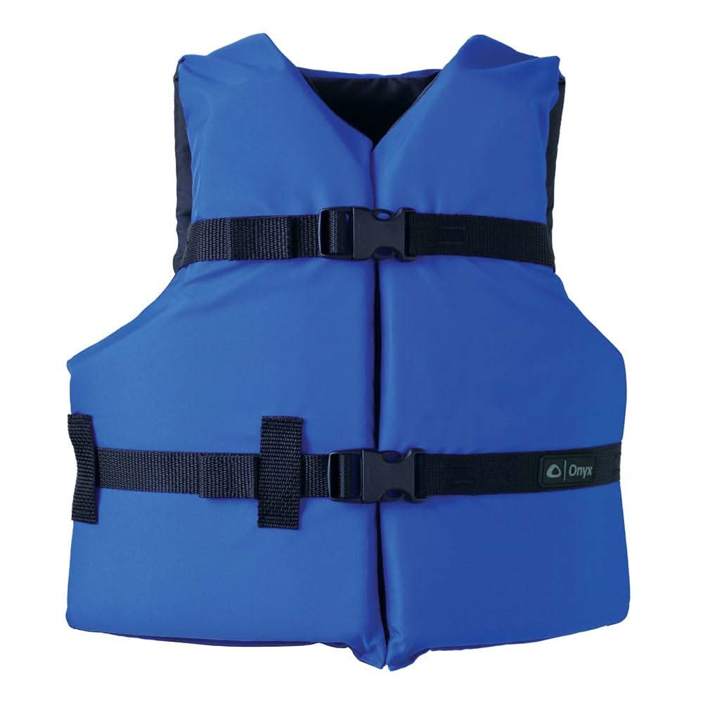 Blue Onyx Nylon life jacket for youth 50-90 lbs with adjustable belts and safety leg strap
