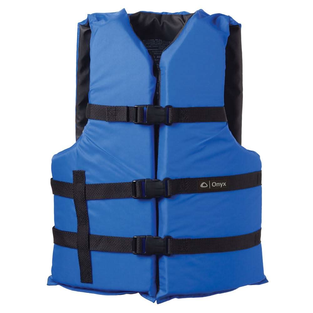 Onyx Nylon blue adult universal life jacket with adjustable straps and Coast Guard approval