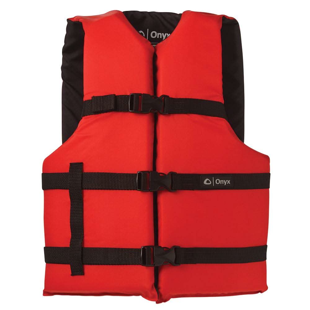 Red Onyx Nylon Life Jacket with adjustable black straps for adult universal fit