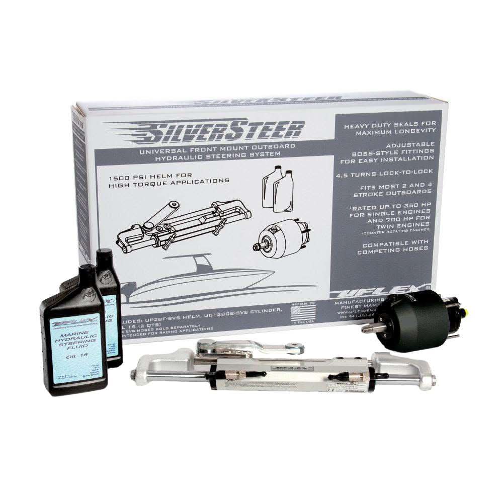 Uflex SilverSteer universal front mount outboard hydraulic steering system kit with UC128-SVS-1 cylinder and hydraulic fluid bottles