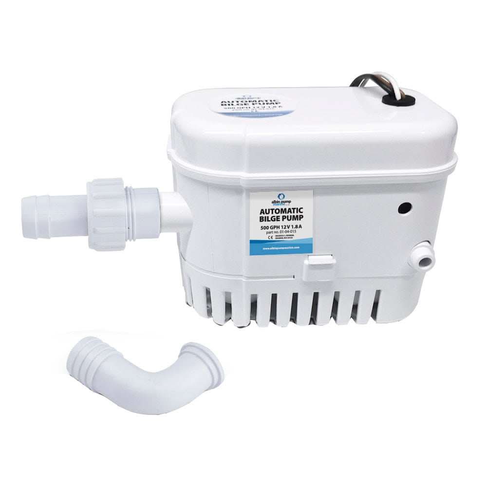 Automatic bilge pump 500 GPH 12V with detachable discharge ports and compact design