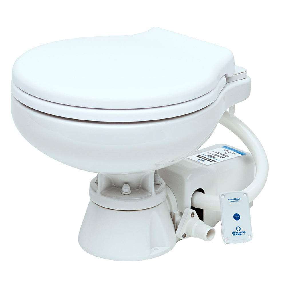 Albin Pump Marine Toilet Standard Electric EVO Compact Low 24V with ceramic bowl and white wooden seat