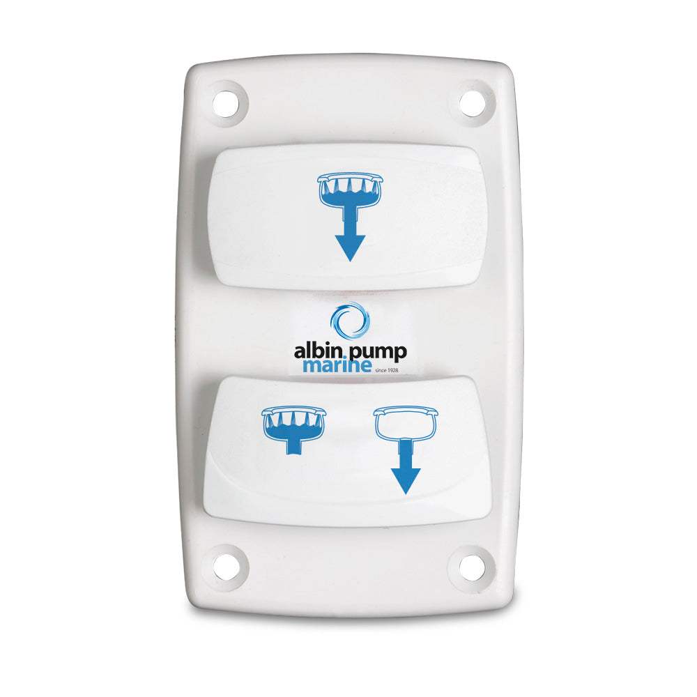 Albin Pump Marine Control silent electric toilet rocker switch with dual function for waste disposal and flushing.