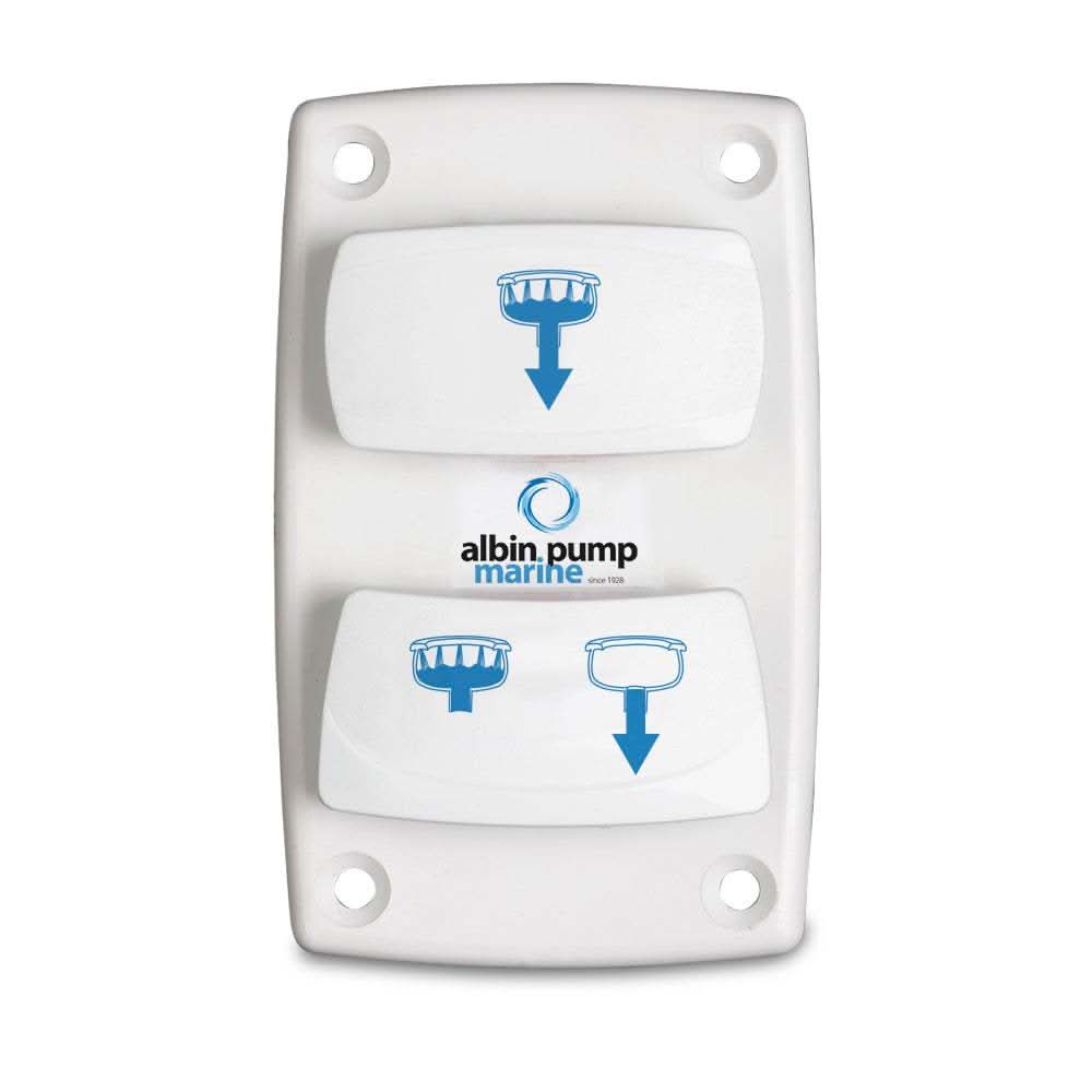 Albin Pump Marine Control silent electric toilet rocker switch with dual function for waste disposal and flushing.