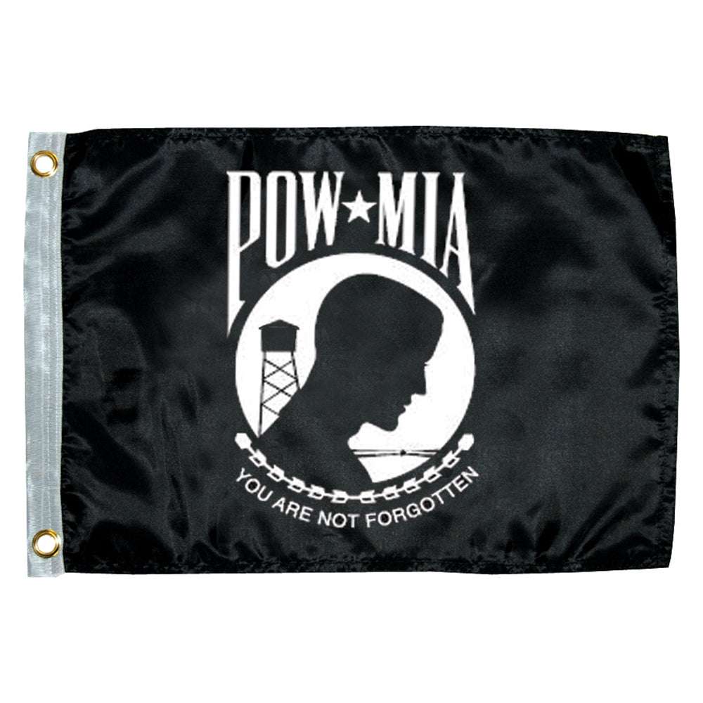 Taylor Made 12x18 inch POW MIA flag with brass grommets, single-sided screen printed on black nylon