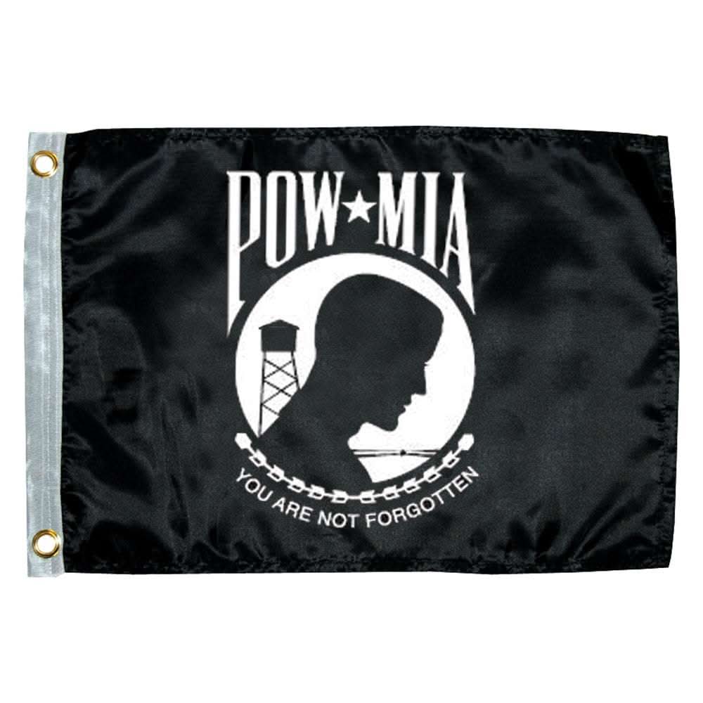 Taylor Made 12x18 inch POW MIA flag with brass grommets, single-sided screen printed on black nylon