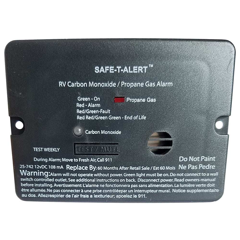 Safe-T-Alert Combo Carbon Monoxide and Propane Gas Alarm for RVs in black with weekly test and end-of-life signal