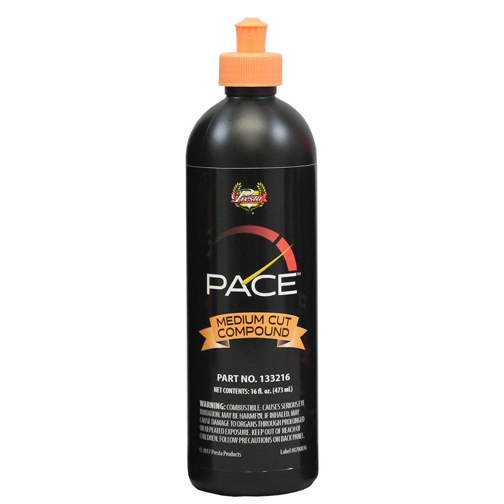 Presta PACE Medium Cut Compound 16oz bottle for removing P2500 sand scratches and polishing surfaces with orbital polishers