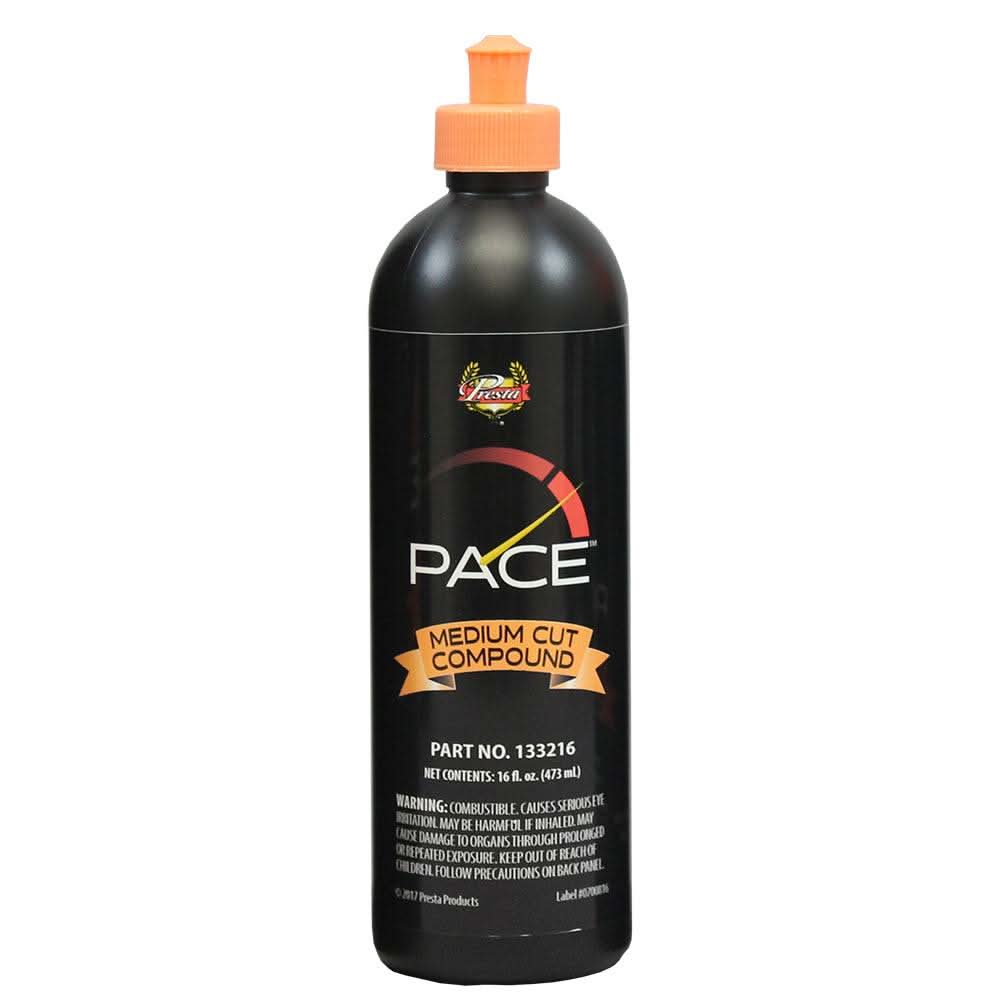 Presta PACE Medium Cut Compound 16oz bottle for removing P2500 sand scratches and polishing surfaces with orbital polishers
