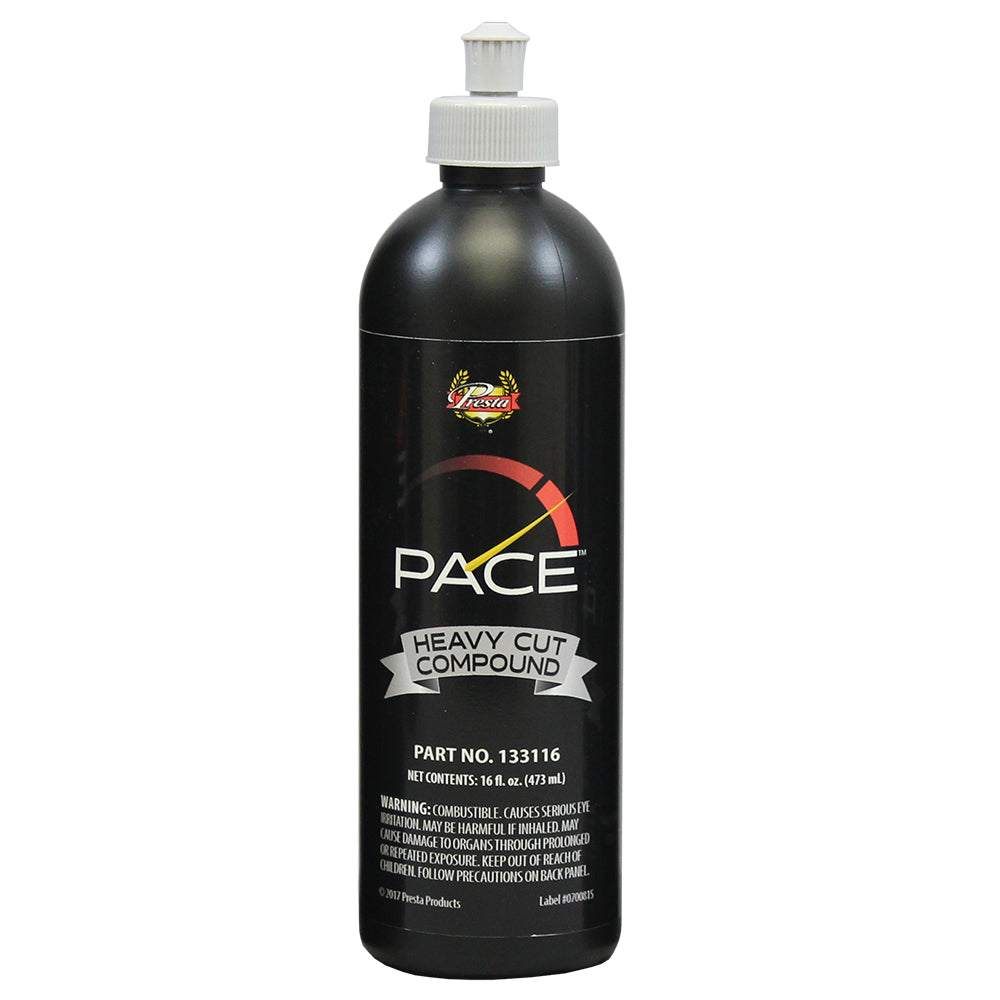 Presta PACE Heavy Cut Compound 16oz bottle for orbital polishers removing severe scratches and polishing to a deep gloss