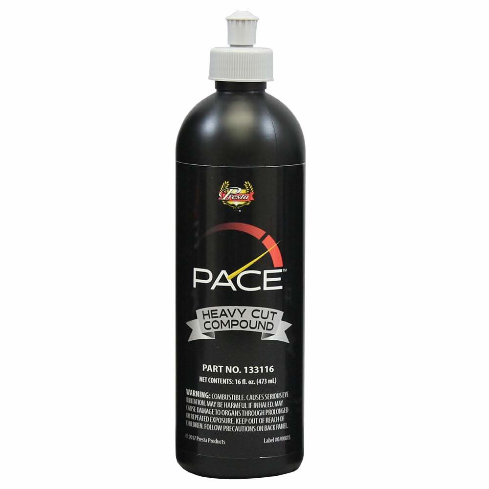 Presta PACE Heavy Cut Compound 16oz bottle for orbital polishers removing severe scratches and polishing to a deep gloss
