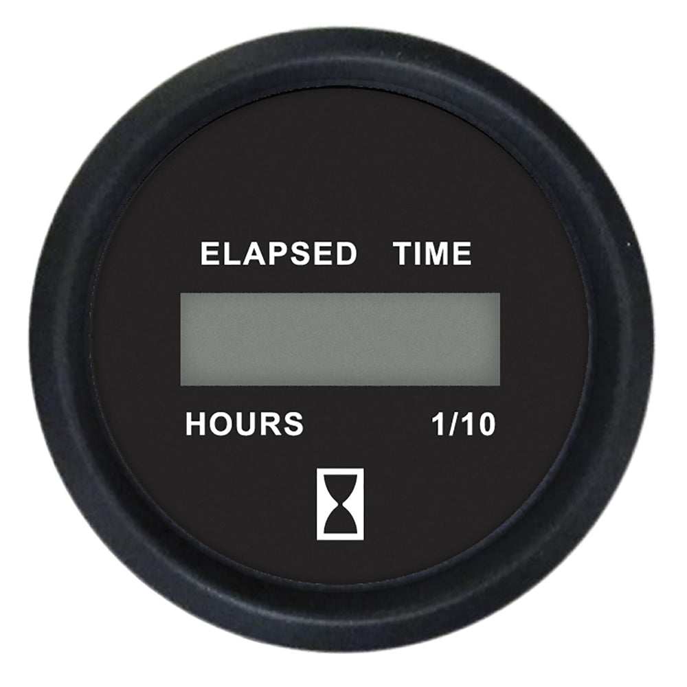 2-inch digital hourmeter gauge in Euro black with 12-32V compatibility and elapsed time display