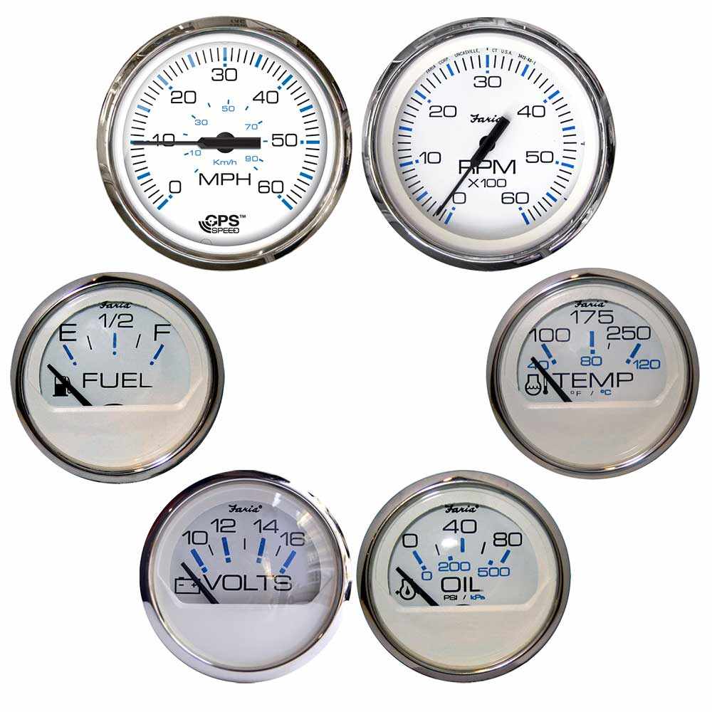 Faria Chesapeake White boxed set of six marine gauges with stainless steel bezel including speed, tachometer, fuel level, voltmeter, water temperature, and oil PSI