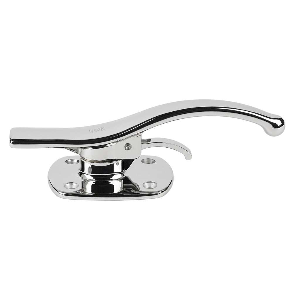 Schaefer Transom Door Latch Handle with catch plate, polished 316 stainless steel, one-handed operation.