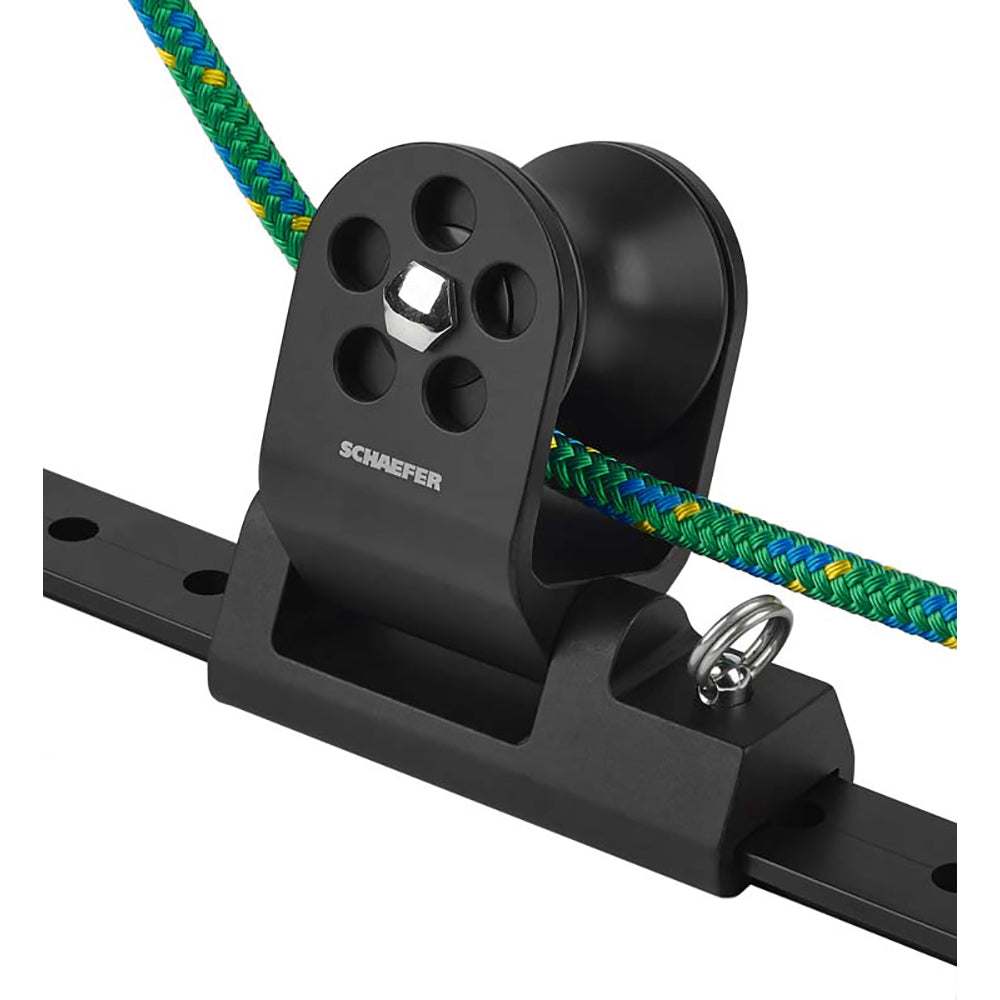 Schaefer black anodized aluminum twin sheet block with sheave, designed for 1-1/4" T-track sailing rigging