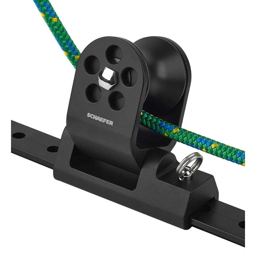 Schaefer black anodized aluminum twin sheet block with sheave, designed for 1-1/4" T-track sailing rigging