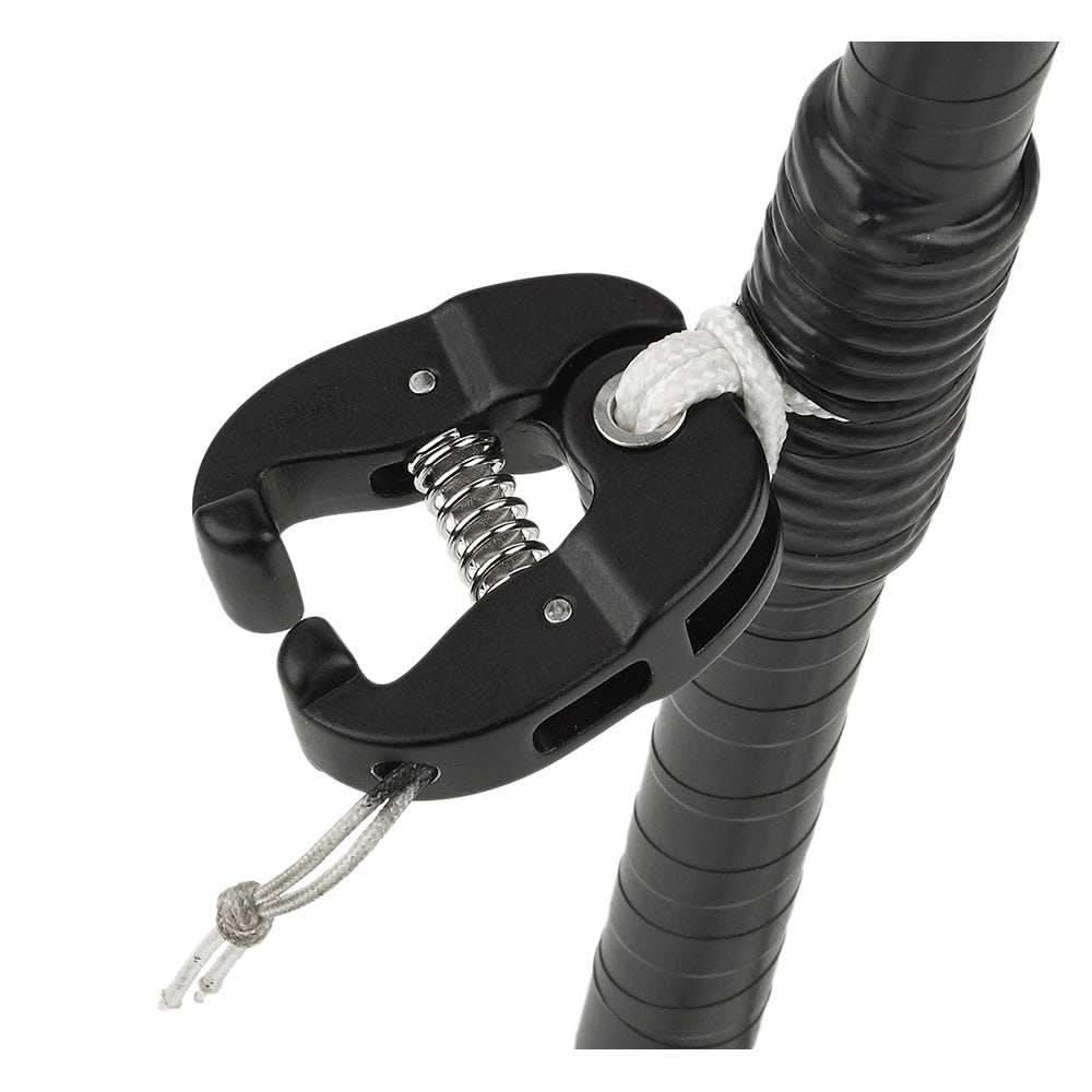 Schaefer forged aluminum Small Opening Pre-Feeder with spring mechanism attached to a wrapped rod and white rope for luff tape engagement