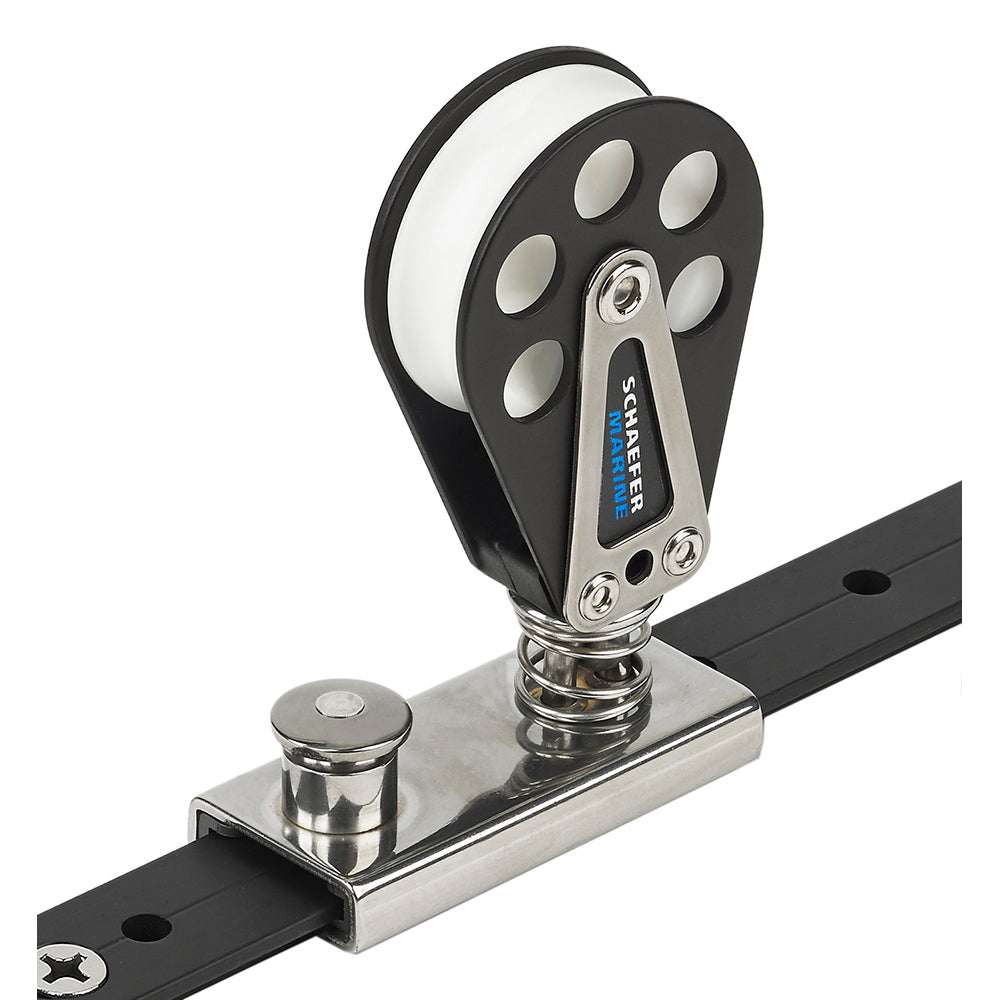 Schaefer spring loaded lined aluminum slide for 1-inch T-track with Delrin sheave and stainless steel slider